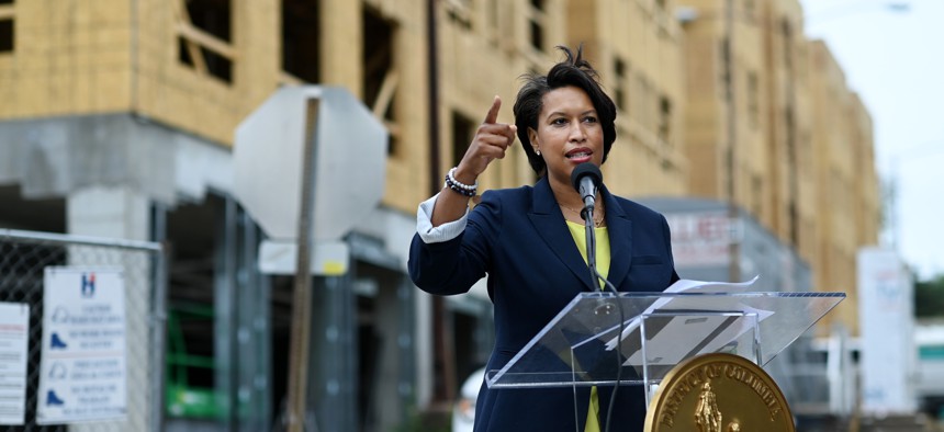 Mayor Muriel Bowser holds a press conference on affordable housing at the Spring Flats housing complex on Monday May 24, 2021 in Washington, DC. 