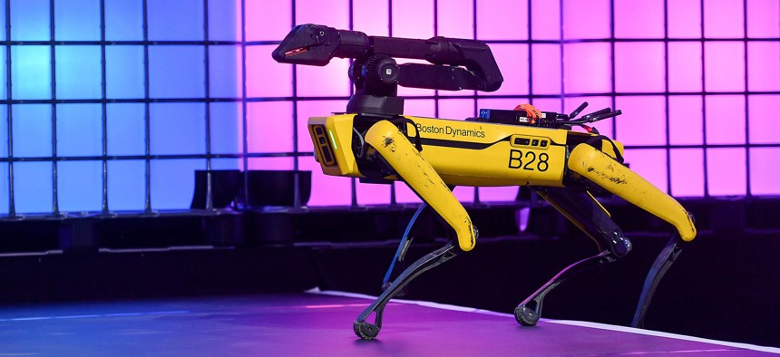 Spot, Boston Dynamics, Robot, on Centre Stage during the final day of Web Summit 2019 at the Altice Arena in Lisbon, Portugal. 