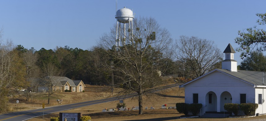 A water tower with antennas for broadband internet is seen on Jan. 31, 2022 in Cusseta, Georgia.
