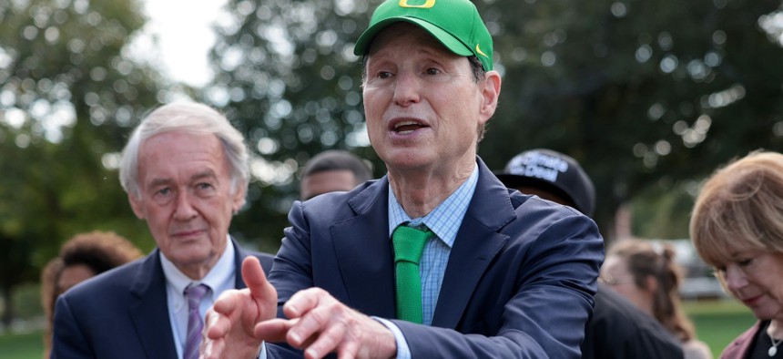 Sens. Ed Markey (D-Mass.) and Ron Wyden (D-OR) attend a press conference on funding climate change legislation outside the U.S. Capitol October 7, 2021 in Washington, DC.