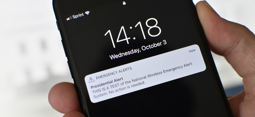 Presidential alert is displayed on the screen of an iPhone as the Wireless Emergency Alert (WEA) system conducted in a nationwide test in October 2018.