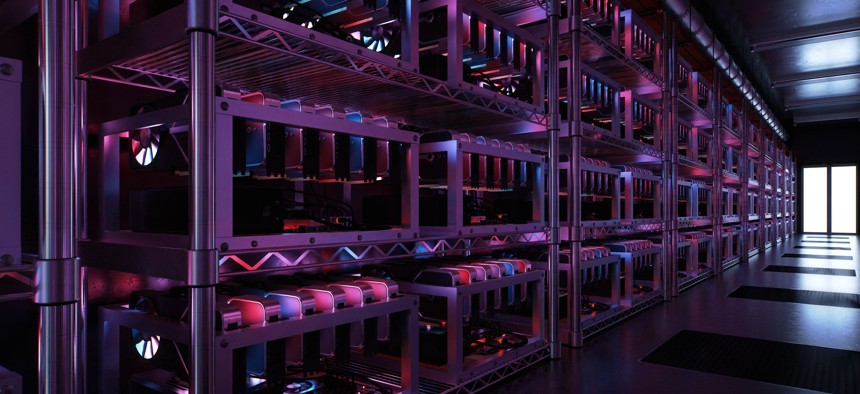 Cryptocurrency mining rigs in a data center.